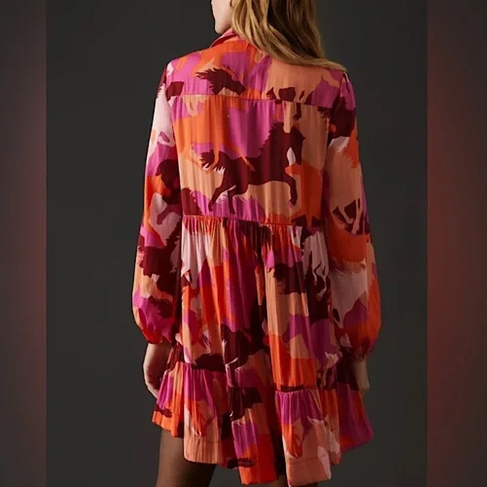 Anthropologie Pink Orange & Red Tiered Long-Sleeve Mini Horse-Themed Dress 🐎